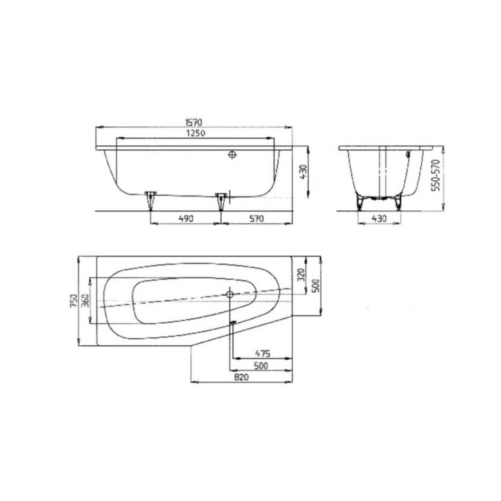 Kaldewei Advantage - Asymetrická vaňa Mini pravá 830, 1570x 75/50 cm, antislip, Perl-Effekt, biela 224630003001