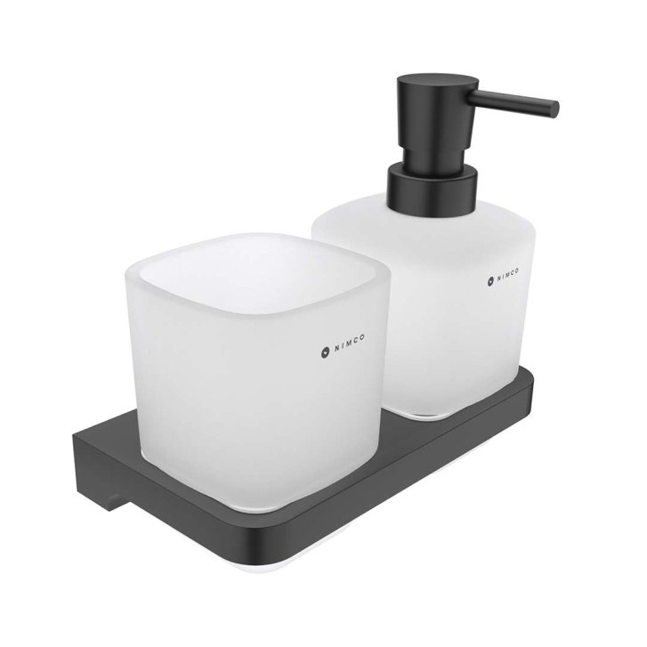 Nimco Maya - Dávkovač mydla a pohárik s držiakom, matné sklo/čierna MAC 2905831C-T-90