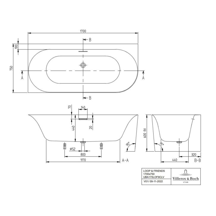 Villeroy & Boch Loop&Friends - Vaňa 170x75 cm, ľavá, alpská biela UBA170LOF9CL00V-01