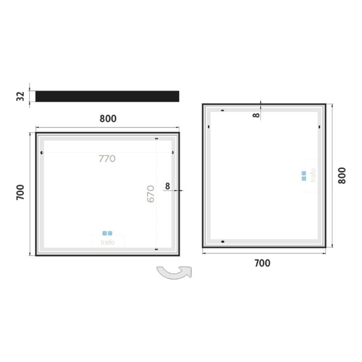Nimco - Zrkadlo s LED osvetlením, 80x70 cm, dotykový senzor, matná čierna ZPC 13003VX-90