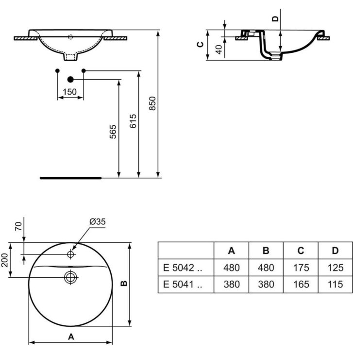 Ideal Standard Connect - Umývadlo zápustné, 48 cm, s prepadom, otvor na batériu, biela E504201