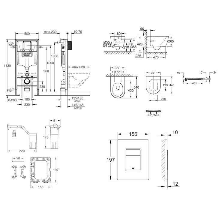 Grohe Rapid SL - Set predstenovej inštalácie, klozetu, dosky SoftClose, tlačidla Skate Cosmopolitan a súpravy na vhadzovanie tabliet, chróm SANI11BB2139