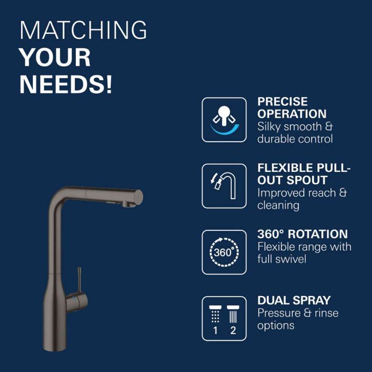 Grohe Essence - Páková drezová batéria s výsuvnou spŕškou, kefovaný tmavý grafit 30270AL0