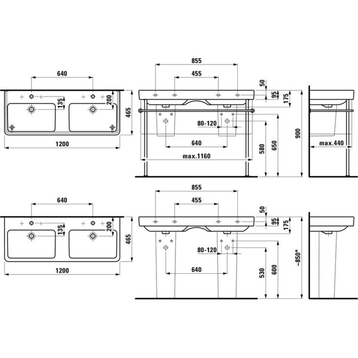 Laufen Pro S - Dvojumývadlo, 120x47 cm, 2 otvory na batérie, s LCC, biela H8149664001041
