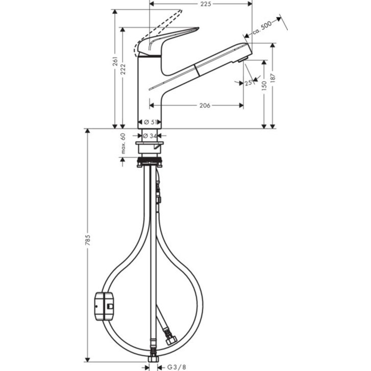 Hansgrohe Focus M42 - Drezová batéria M427-H150 s výsuvnou spŕškou, vzhľad nehrdzavejúcej ocele 71814800
