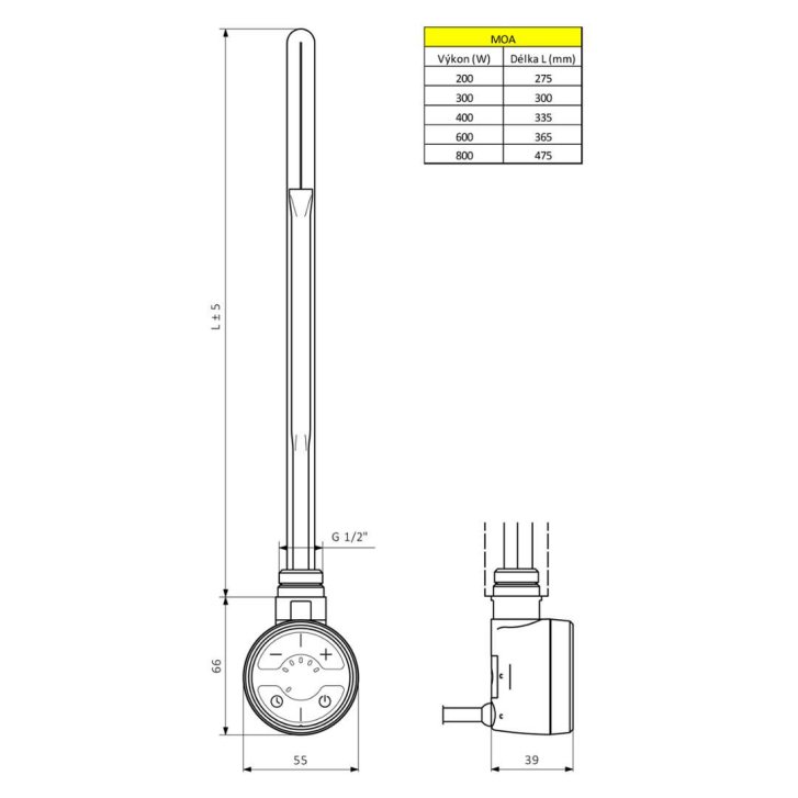Sapho Moa - Vykurovacia tyč s termostatom a Bluetooth ovládaním, 400 W, matná čierna MOA-B-400
