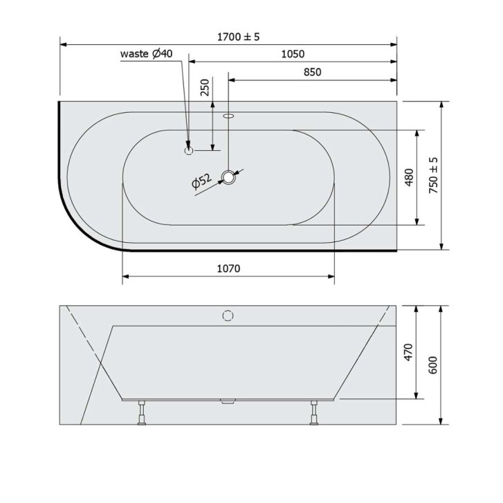 Polysan Monolith - Asymetrická vaňa Viva R, 170x75x60 cm, pravá, biela/čierna 78119MB