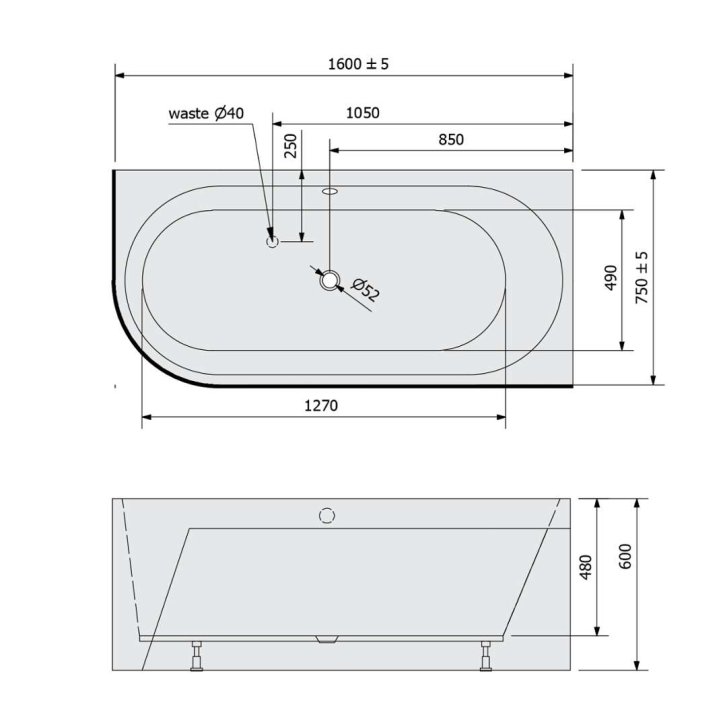Polysan Monolith - Asymetrická vaňa Astra R, 160x75x60 cm, pravá, biela/čierna 34611MB