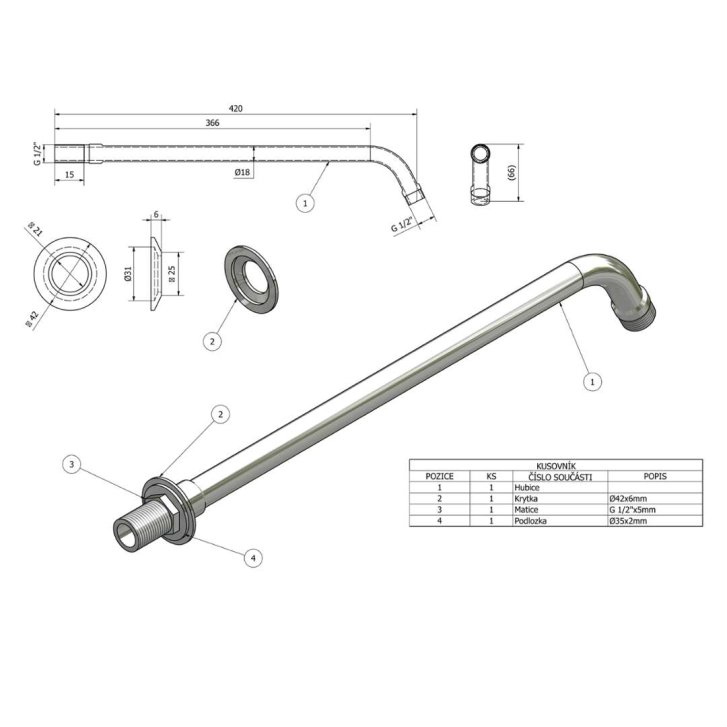 Aqualine - Sprchové rameno 42 cm, chróm T04