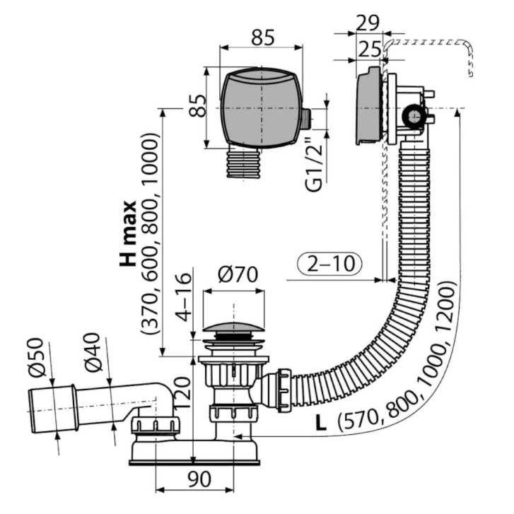 Alca - Vaňová odtoková a prepadová súprava s napúšťaním, dĺžka 1200 mm, Click-Clack, chróm A508CKM-120