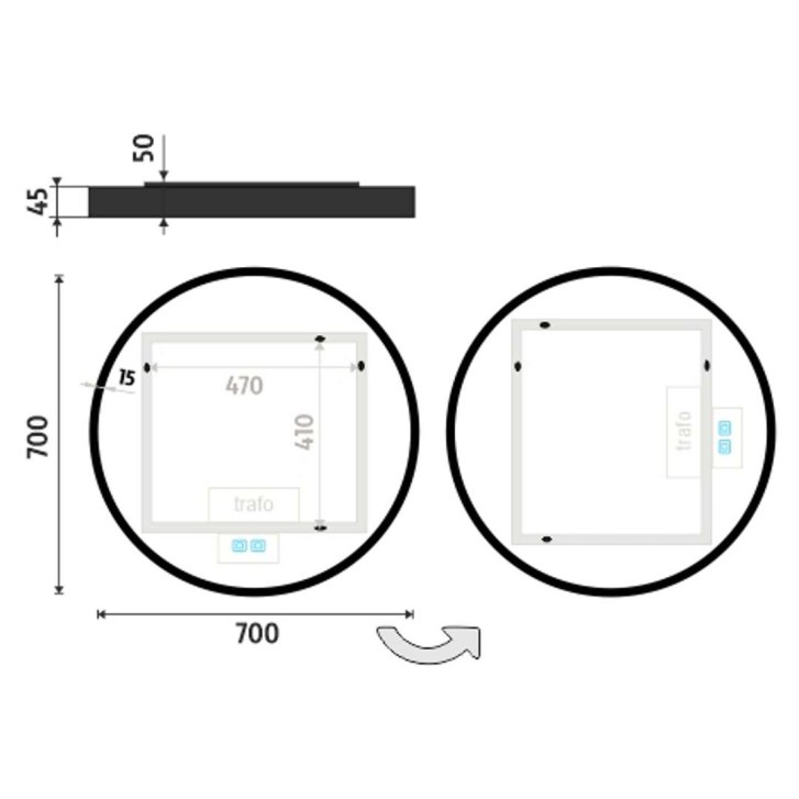 Nimco - Zrkadlo s LED s osvetlením, priemer 70 cm, dotykový senzor, čierna ZPC 31001RVX-90