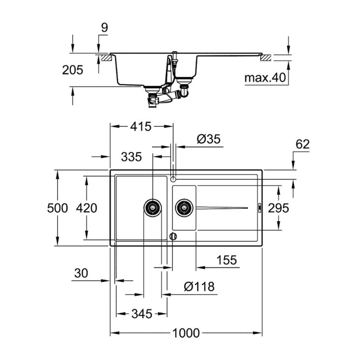 Grohe - Kompozitný drez K400 s automatickým odtokom, 100x50 cm, granitová čierna 31642AP0