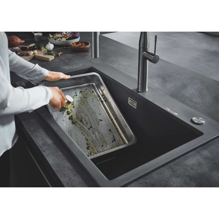Grohe - Kompozitný drez K700 s automatickým odtokom, 78x51 cm, granitová čierna 31652AP0