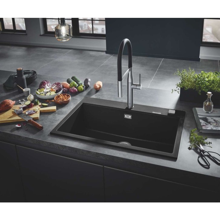 Grohe - Kompozitný drez K700 s automatickým odtokom, 78x51 cm, granitová čierna 31652AP0